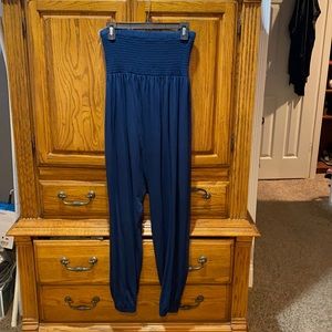 Strapless long pant romper.